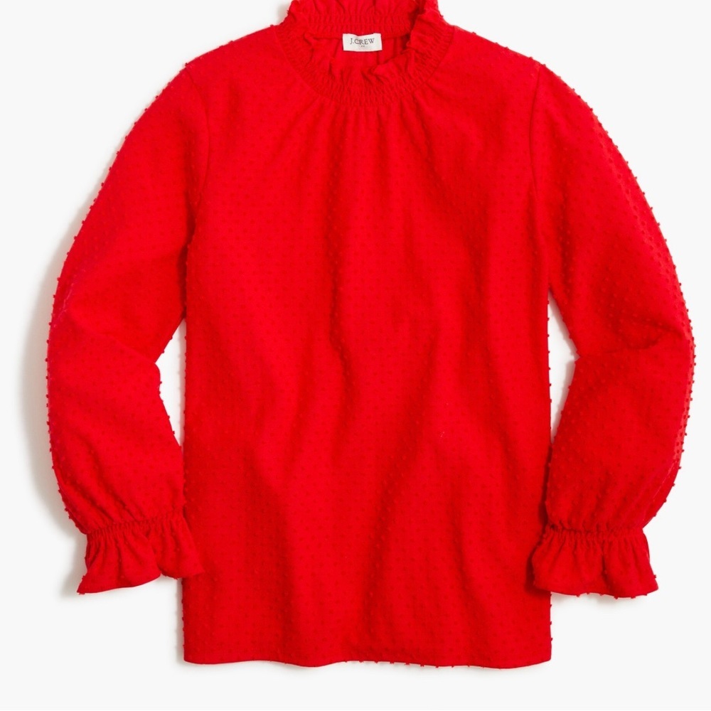 J.Crew new Long-sleeve clip-dot red ruffle neck top size Large BL214